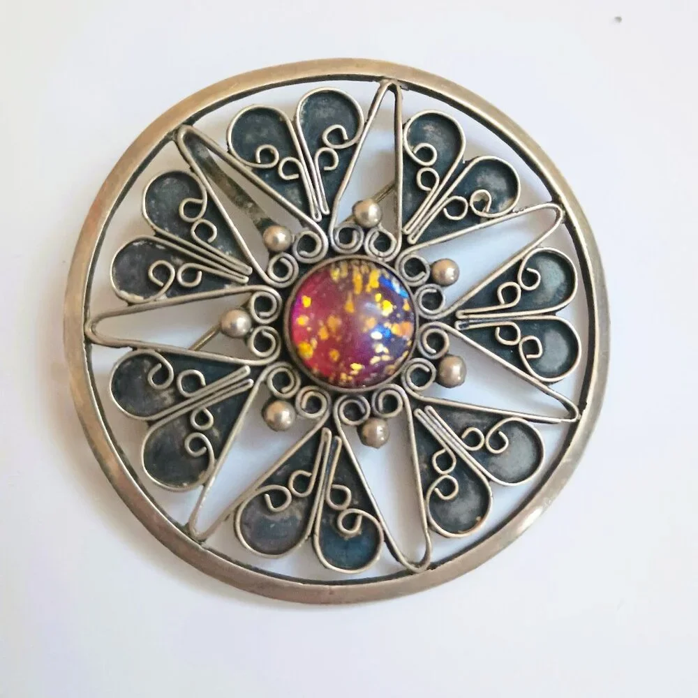 RN Vtg 925 Round Filigree Brooch Hecho En Mexico Amber Color Center Pendant